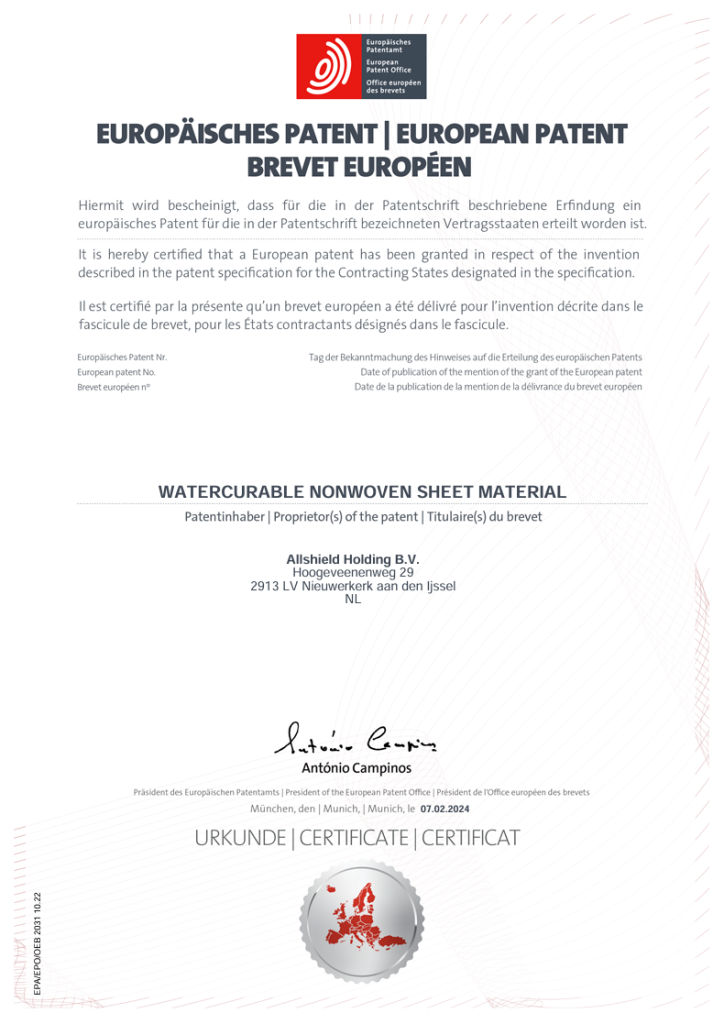 Patent certificaat voor AllSHield onbrandbare dakcoating